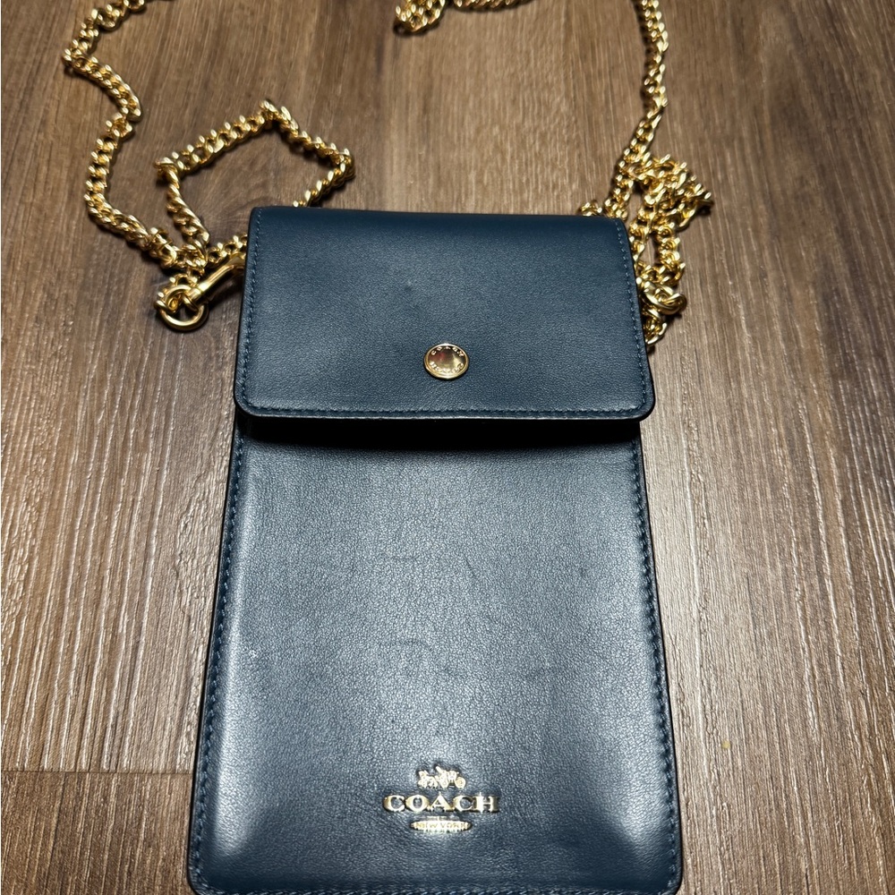 Coach Navy Crossbody Phone Bag with Gold Chain